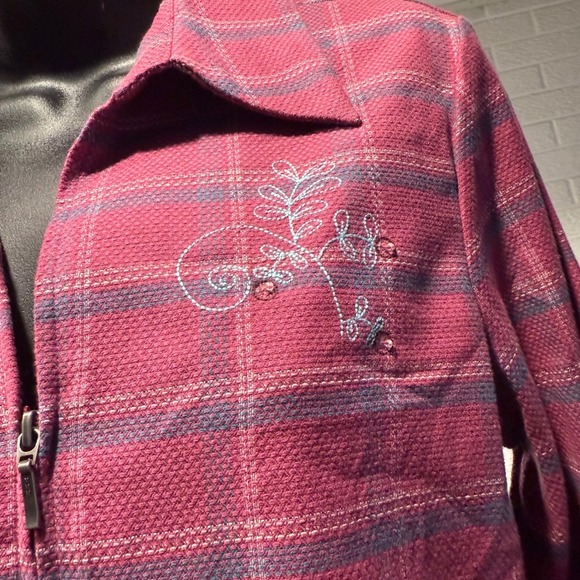 Christopher & Banks Plaid Zip Up Embroidered Top Womens Small S Stretch - Picture 6 of 7